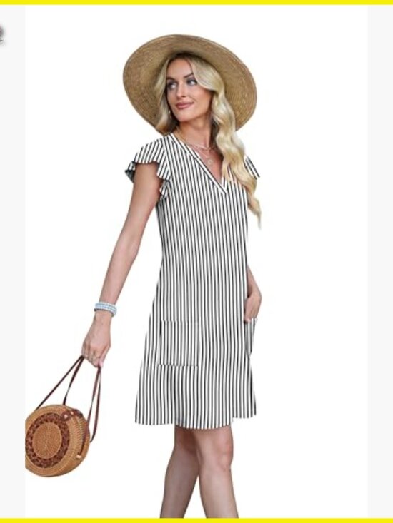 Casual Ruffle Sleeve V Neck Swing Sundress with Pockets Lightweight Fabric - Picture 4 of 7